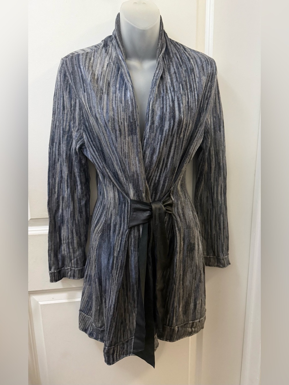 Nic + Zoe Striped Knit Tie-Waist Cardigan Sweater in Grey/Black/Blue | Sz PM